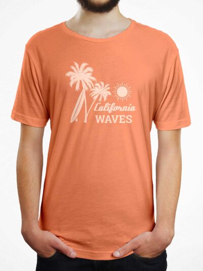 cal-waves-01-min Orange T-shirt with palm trees and sun graphic and the text 'California Waves' on the chest area.