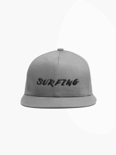 Gray baseball cap facing forward with black embroidered text 'SURFING' on the front panel.