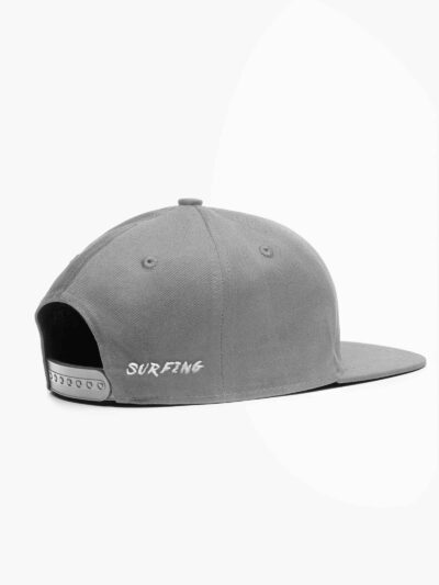 Gray snapback cap shown from the back with an adjustable strap and 'SURFING' embroidered on the side of the back panel