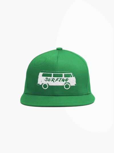 Green baseball cap with a white embroidered bus design and the word 'SURFING' on the front panel, curved brim visible.