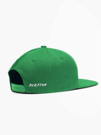 Green snapback hat with adjustable strap and white 'SURFING' embroidery at the back.