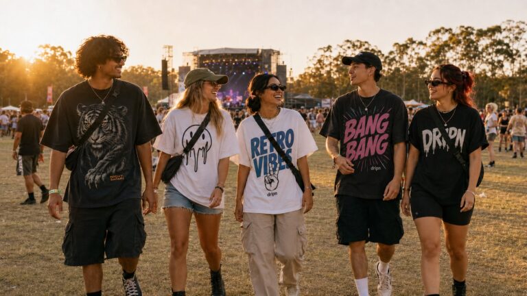Festival outfit with a Dripn graphic tee, relaxed shorts, sneakers and crossbody bag
