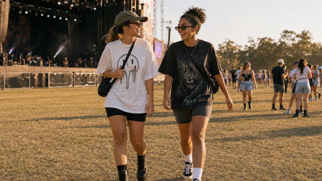 Festival outfit with a Dripn graphic tee, and crossbody bag