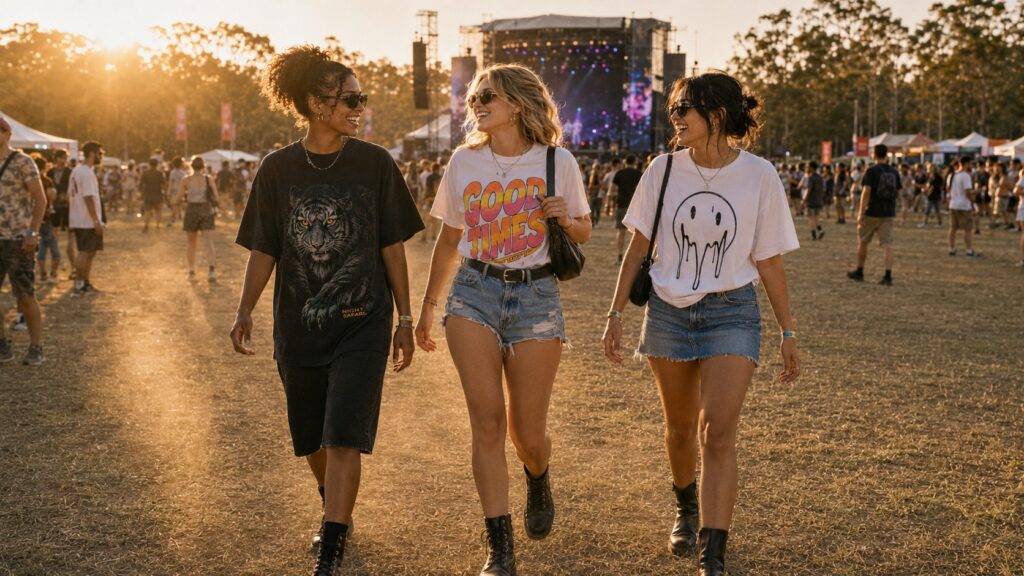 Festival outfit with a Dripn graphic tee, boots, denim shorts and crossbody bag