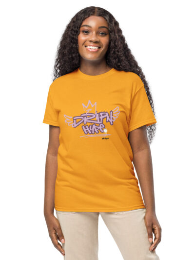 unisex-sports-tee-gold-front-6a5318df4d210.jpg Smiling woman with long curly hair wearing an orange T-shirt against a white background.