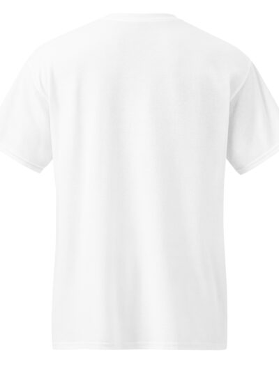 unisex-sports-tee-white-back-6a4e2b39d05e1.jpg Back view of a plain white T-shirt with short sleeves on a torso form.