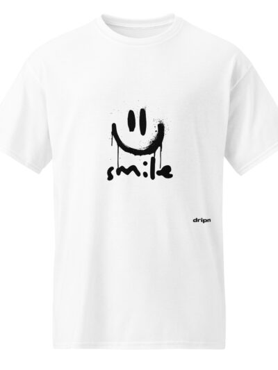 White T-shirt featuring a black dripping smiley face graphic centered on the chest, with a small 'dripn' logo at the bottom right.