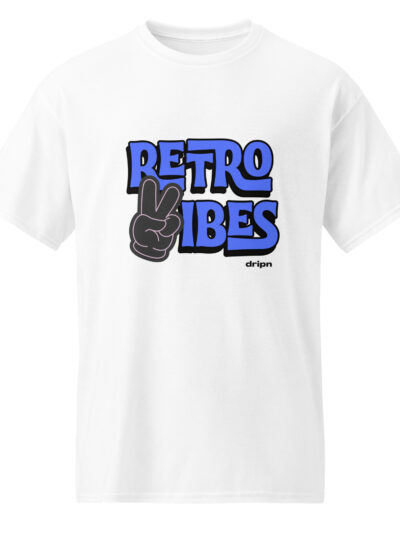 White T-shirt featuring a bold blue 'RETRO VIBES' graphic with a black-outlined peace hand illustration partially overlapping the text. Small 'dripn' text appears below.